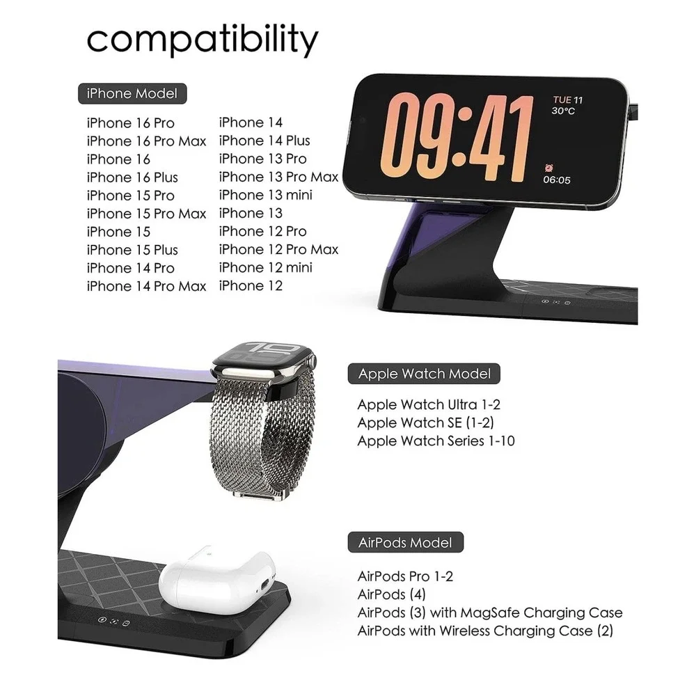 Waitiee Wireless Charger 3 in 1 15w Fast Charging Station for Apple iWatch Se/6